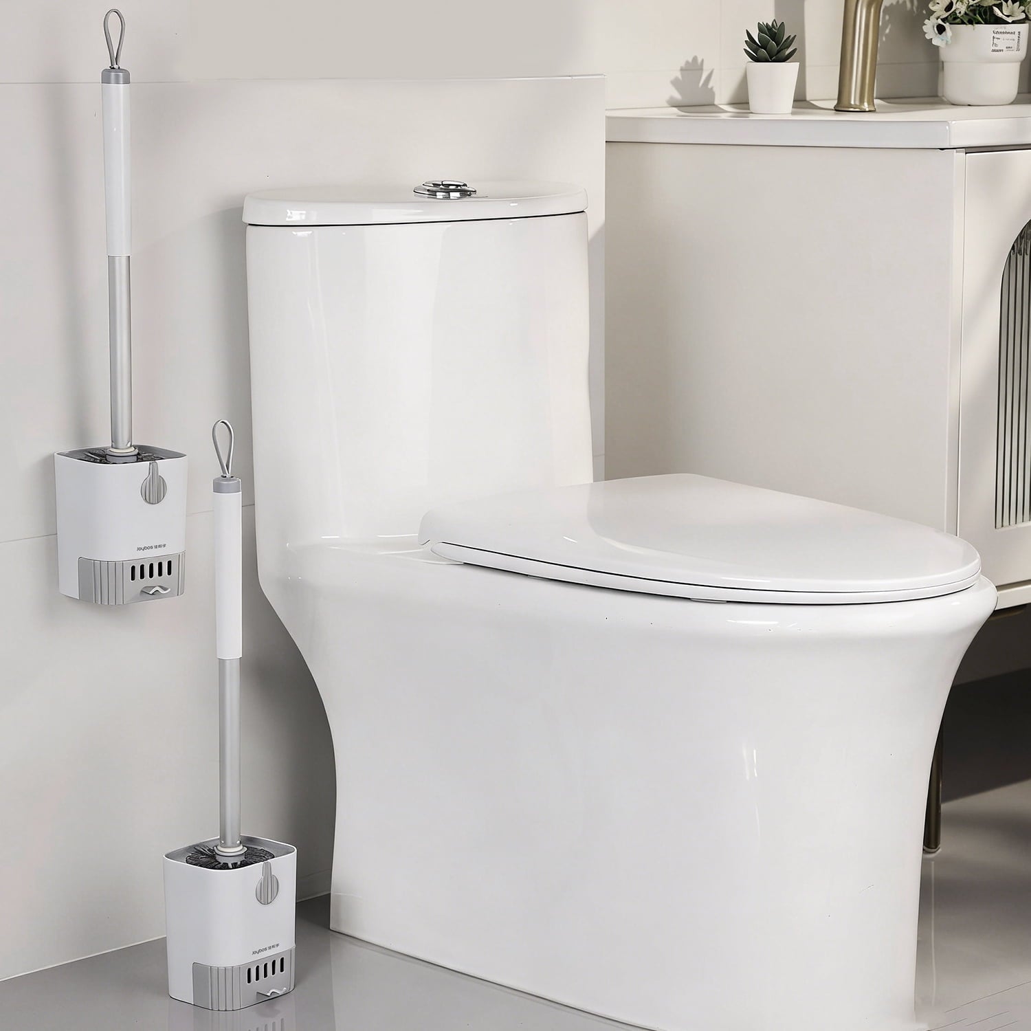 Toilet Brush with Holder – Aluminum Long Handle, Standing & Wall Mountable